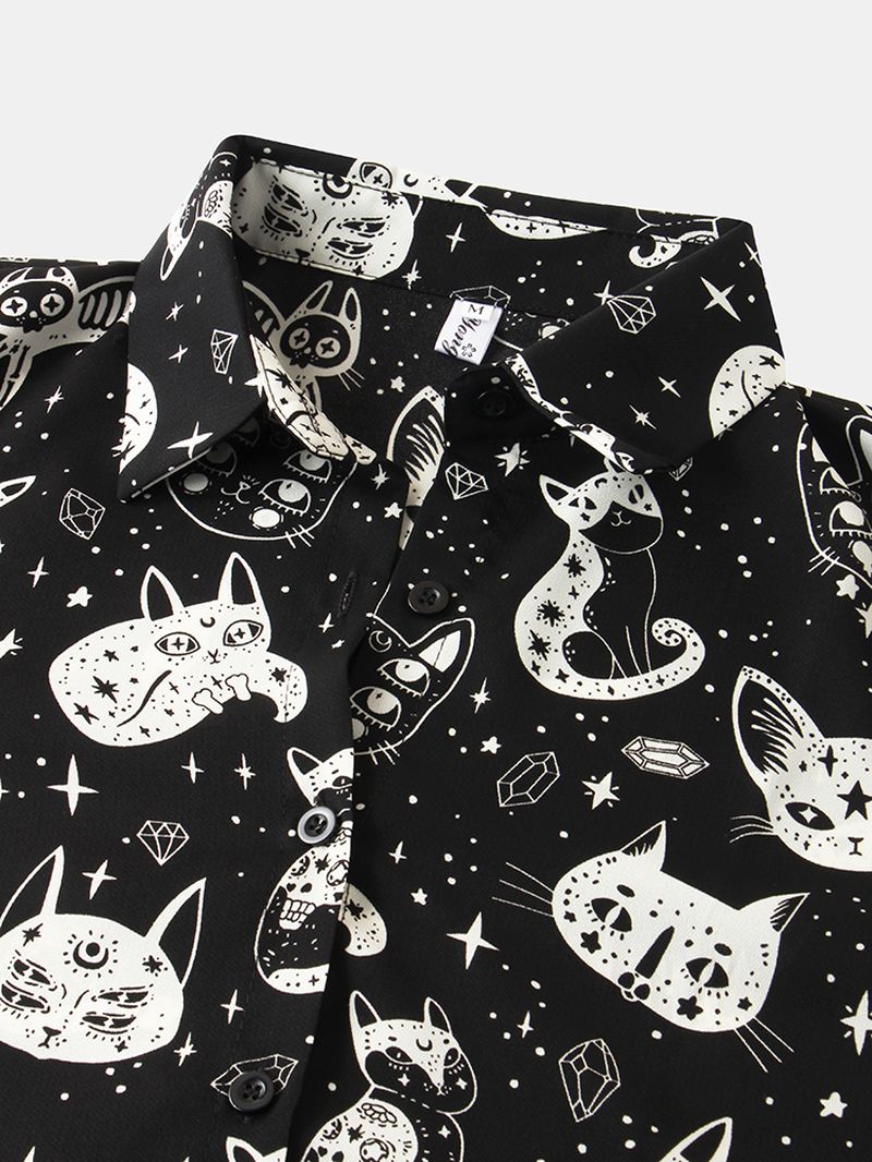 Vrouwen Casual Cartoon Kat Grappige Print Turn-down Kraag Lange Mouwen Button Shirts