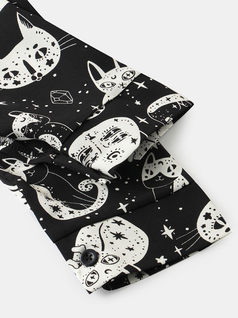 Vrouwen Casual Cartoon Kat Grappige Print Turn-down Kraag Lange Mouwen Button Shirts