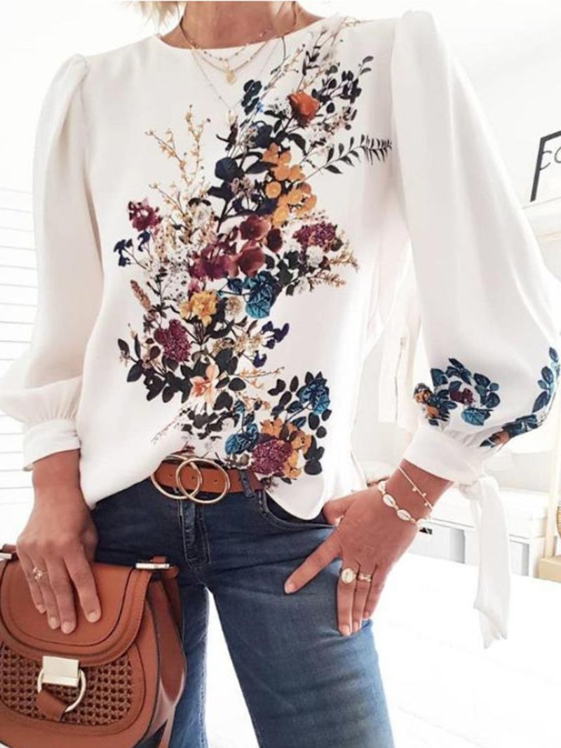 Vrouwen Plant Bloemenprint Lange Mouwen Witte Design Blouses