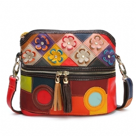 Dames Echt Lederen Bloemen Crossbody Tas Vintage Tas