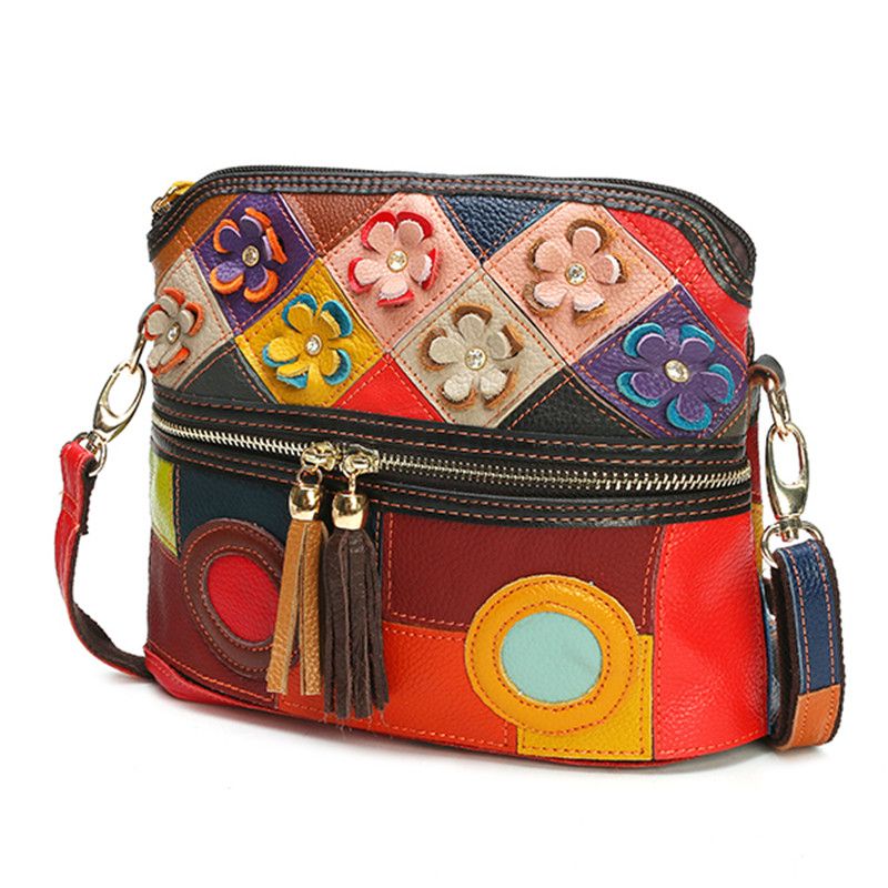 Dames Echt Lederen Bloemen Crossbody Tas Vintage Tas