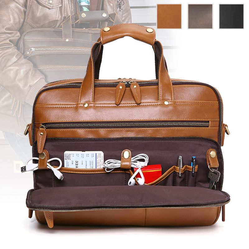 E Heren Pu Lederen Multifunctionele Grote Capaciteit Vintage 14 Inch Laptoptas Multi-lagen Aktetas Handtas Crossbody Tas