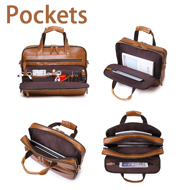 E Heren Pu Lederen Multifunctionele Grote Capaciteit Vintage 14 Inch Laptoptas Multi-lagen Aktetas Handtas Crossbody Tas