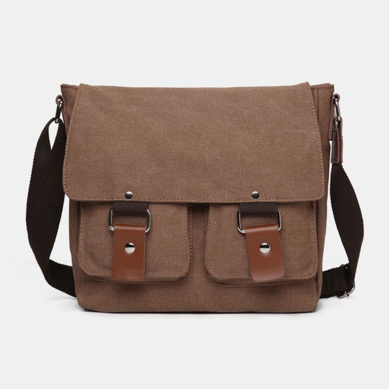 Mannen Dubbele Voorvak Crossbody Tas Met Grote Capaciteit Retro Canvas Horizontale Effen Kleur Anti-diefstal Schoudertas