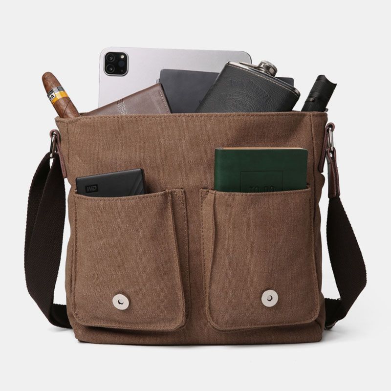 Mannen Dubbele Voorvak Crossbody Tas Met Grote Capaciteit Retro Canvas Horizontale Effen Kleur Anti-diefstal Schoudertas