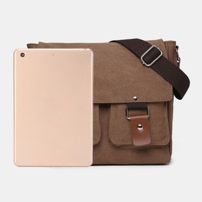 Mannen Dubbele Voorvak Crossbody Tas Met Grote Capaciteit Retro Canvas Horizontale Effen Kleur Anti-diefstal Schoudertas