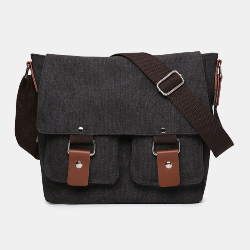 Mannen Dubbele Voorvak Crossbody Tas Met Grote Capaciteit Retro Canvas Horizontale Effen Kleur Anti-diefstal Schoudertas