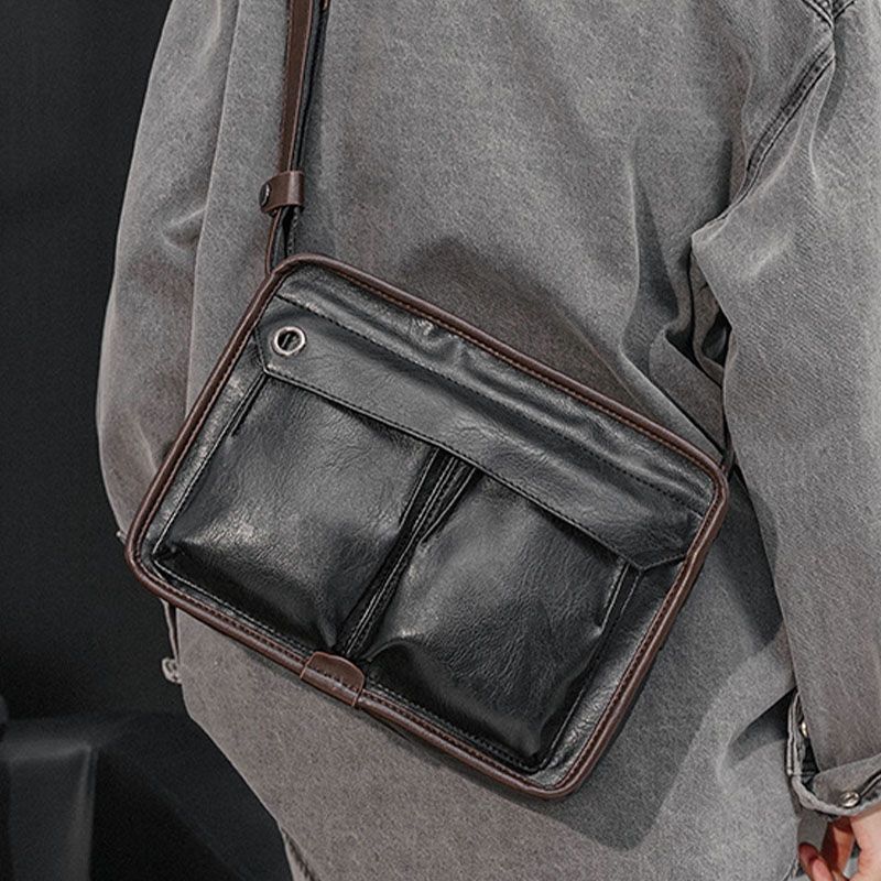 Mannen Dubbellaagse Multi-pocket Crossbody Tassen Mode Casual Hoofdtelefoon Gat Ontwerp 14 Inch Laptoptas Schoudertas