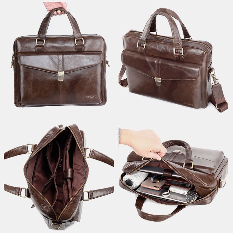 Mannen Echt Leer Multifunctionele Retro Effen Kleur Grote Capaciteit Handtas Schoudertas Crossbody Tas