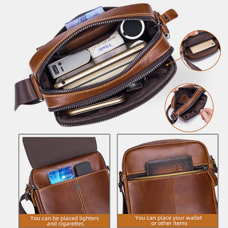 Mannen Eerste Laag Koeienhuid Multi-pocket Crossbody Tas Retro Grote Capaciteit Terug Anti-diefstal Zak Schoudertas