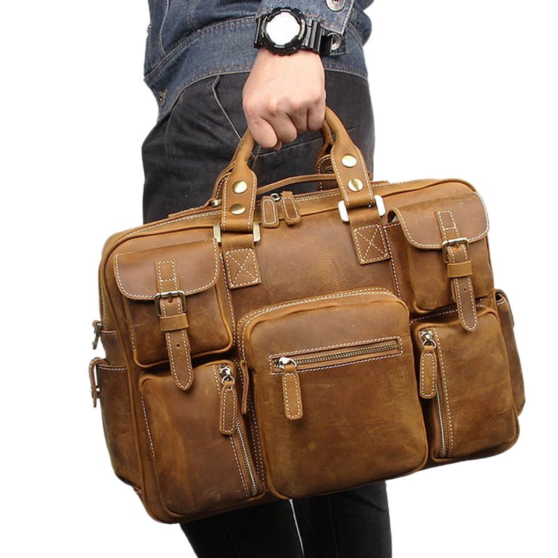 Mannen Lederen Afneembare Riem Grote Multi-pocket 15.6 Inch Laptoptas Aktetas Messenger Bag Crossbody Tassen