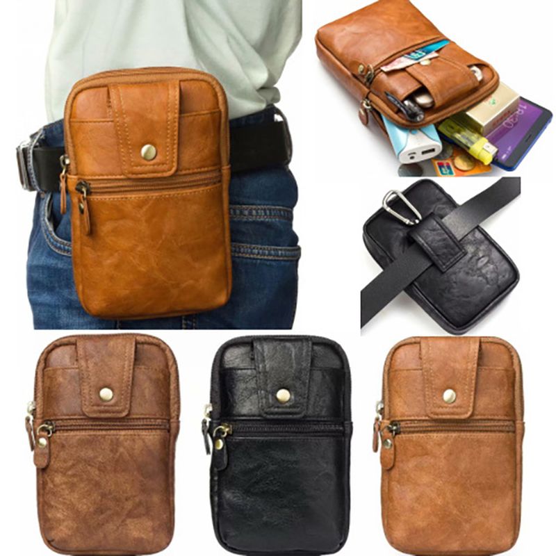 Mannen Lederen Heuptas Met Dubbele Rits Crossbody Tas