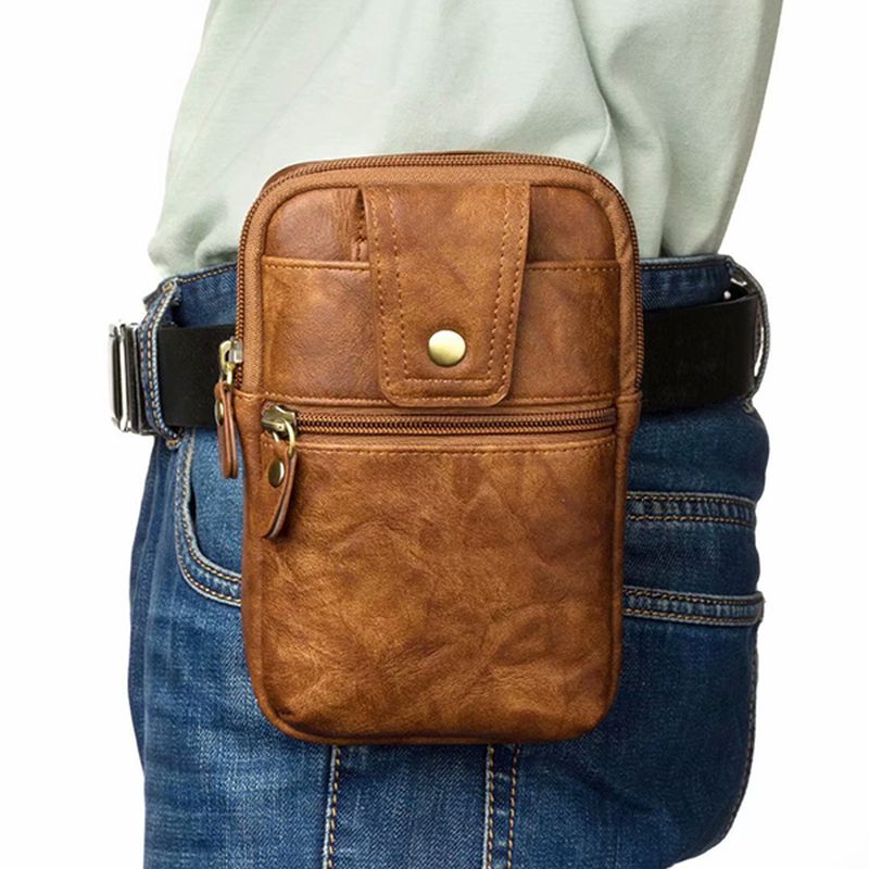 Mannen Lederen Heuptas Met Dubbele Rits Crossbody Tas