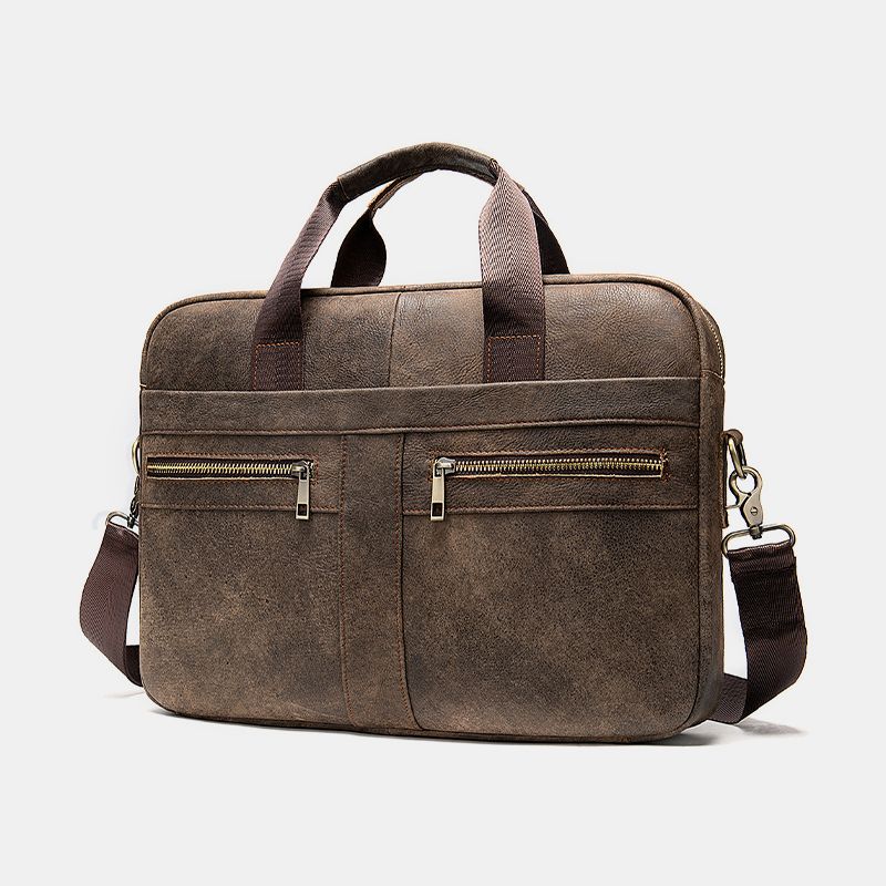 Mannen Lederen Multi-pocket 14 Inch Laptoptas Aktetas Zakelijke Handtas Crossbody Tas