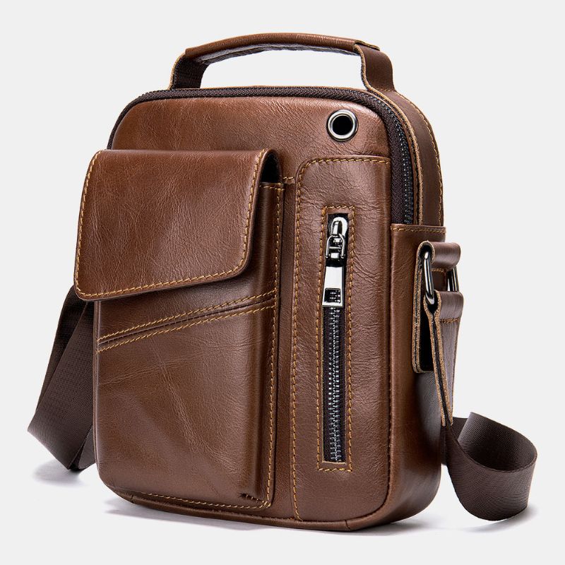 Mannen Lederen Multi-zakken Oortelefoon Gat Vintage Waterdichte Crossbody Tassen Schoudertassen