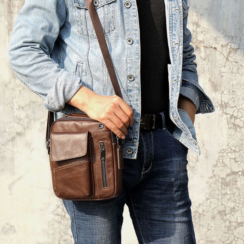 Mannen Lederen Multi-zakken Oortelefoon Gat Vintage Waterdichte Crossbody Tassen Schoudertassen