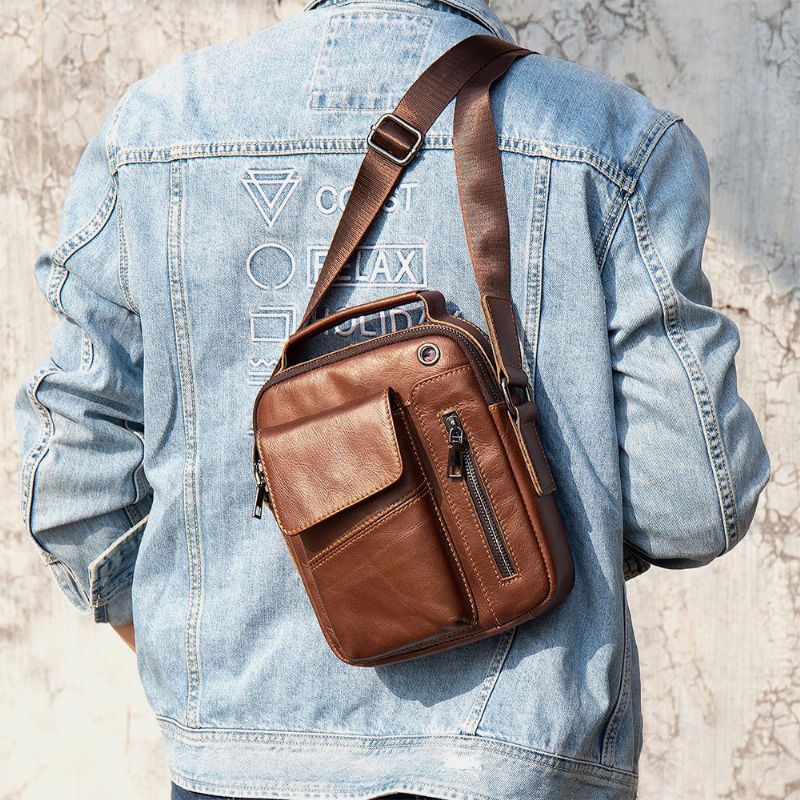 Mannen Lederen Multi-zakken Oortelefoon Gat Vintage Waterdichte Crossbody Tassen Schoudertassen