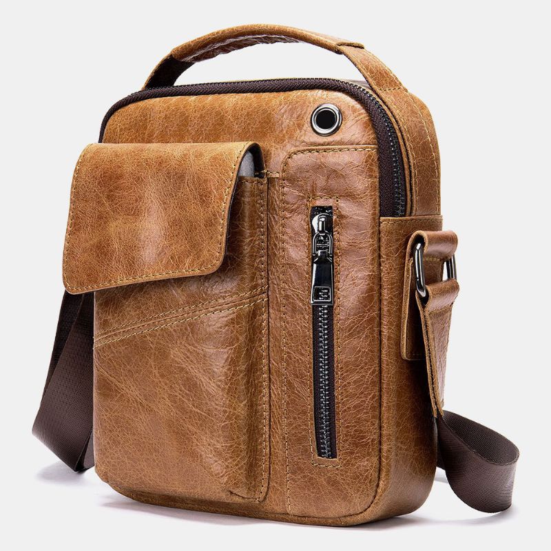 Mannen Lederen Multi-zakken Oortelefoon Gat Vintage Waterdichte Crossbody Tassen Schoudertassen