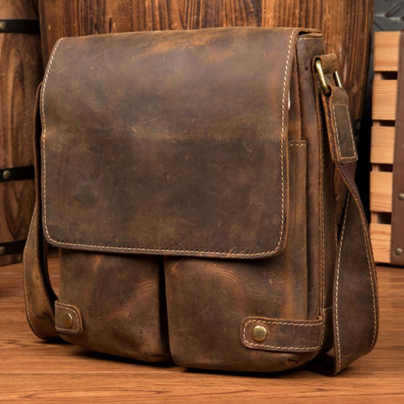 Mannen Wrijven Kleur Pu Lederen Multi-pockets Flap-over Crossbody Tas Multifunctionele Schoudertas Handtas