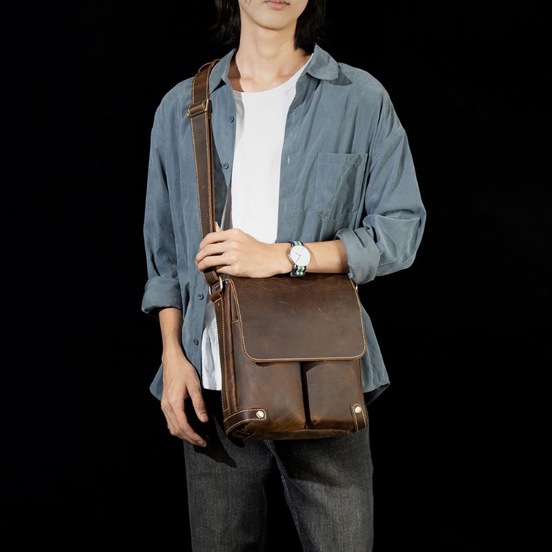 Mannen Wrijven Kleur Pu Lederen Multi-pockets Flap-over Crossbody Tas Multifunctionele Schoudertas Handtas