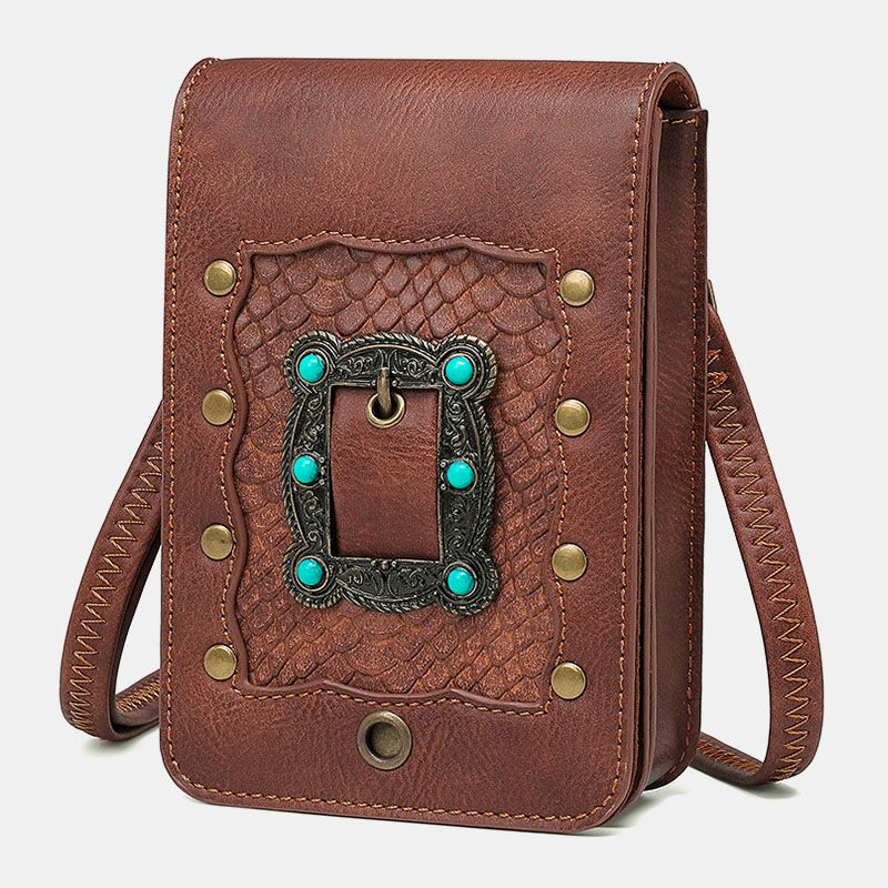 Vrouwen Afneembare Schouderriem Hardware Klinknagel Decor Snake Patroon Flap Magnetische Sluiting Ontwerp Crossbody Tas Heuptas