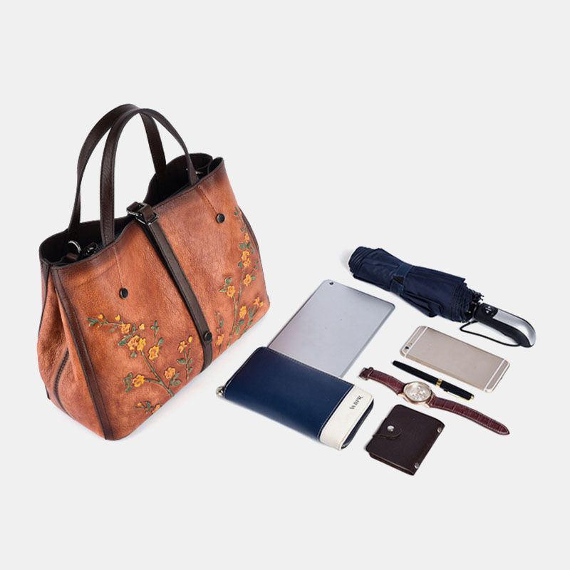 Vrouwen Bloemmotief Reliëf Plantaardig Gelooid Lederen Crossbody Tassen Retro Grote Capaciteit Lederen Schoudertas Handtas