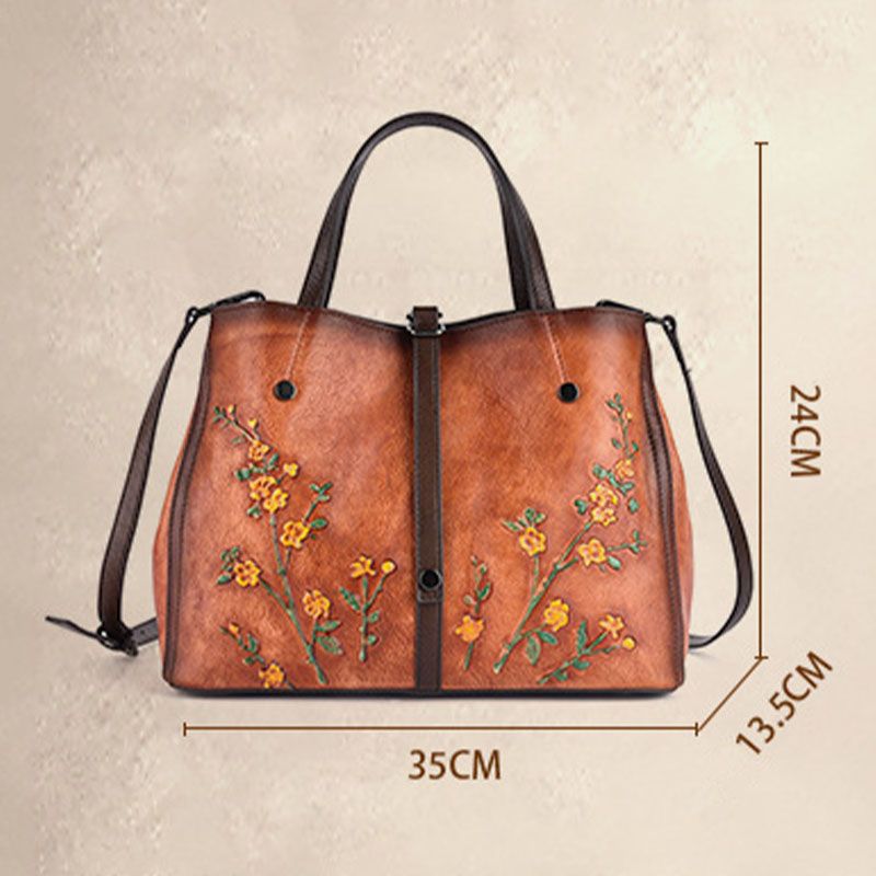 Vrouwen Bloemmotief Reliëf Plantaardig Gelooid Lederen Crossbody Tassen Retro Grote Capaciteit Lederen Schoudertas Handtas