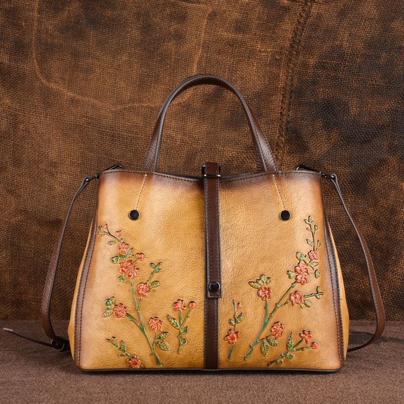 Vrouwen Bloemmotief Reliëf Plantaardig Gelooid Lederen Crossbody Tassen Retro Grote Capaciteit Lederen Schoudertas Handtas