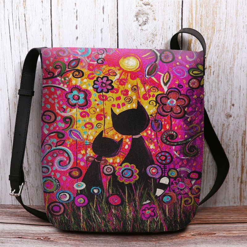 Vrouwen Vilten Casual Cartoon Verliefd Katten Achteraanzicht Bloemenpatroon Crossbody Tas Schoudertas