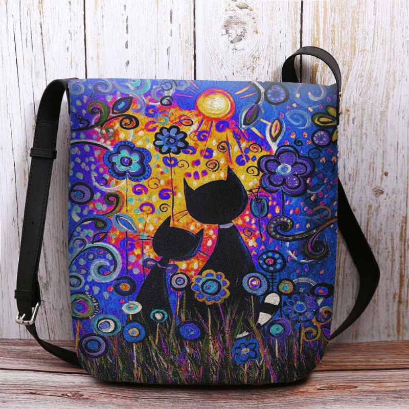 Vrouwen Vilten Casual Cartoon Verliefd Katten Achteraanzicht Bloemenpatroon Crossbody Tas Schoudertas