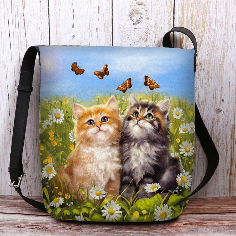 Vrouwen Voelde Country Style Cartoon Cats Print Persoonlijkheid Crossbody Tas Schoudertas