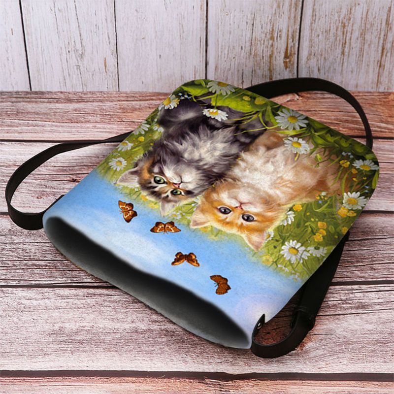 Vrouwen Voelde Country Style Cartoon Cats Print Persoonlijkheid Crossbody Tas Schoudertas