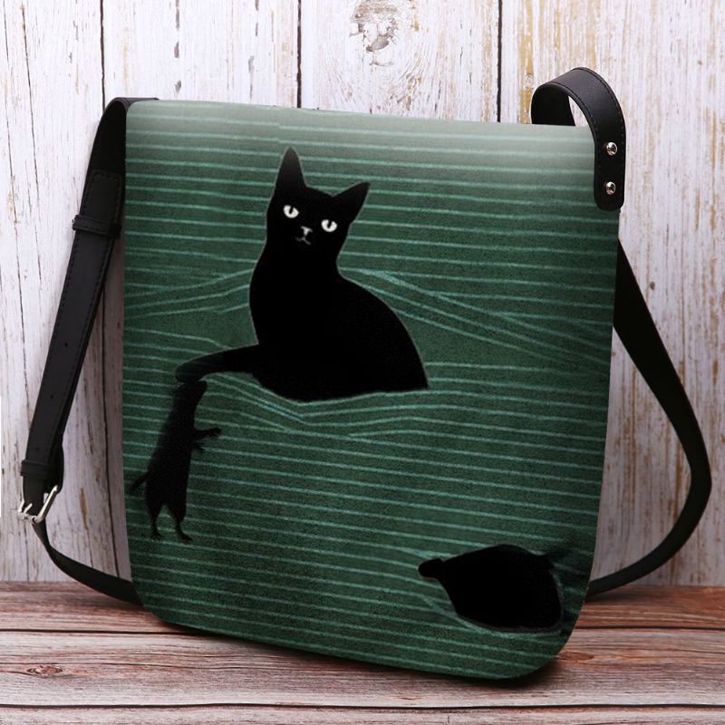 Vrouwen Voelde Leuke Casual Cartoon Zwarte Kat Gevangen Muis En Strepen Patroon Crossbody Tas Schoudertas