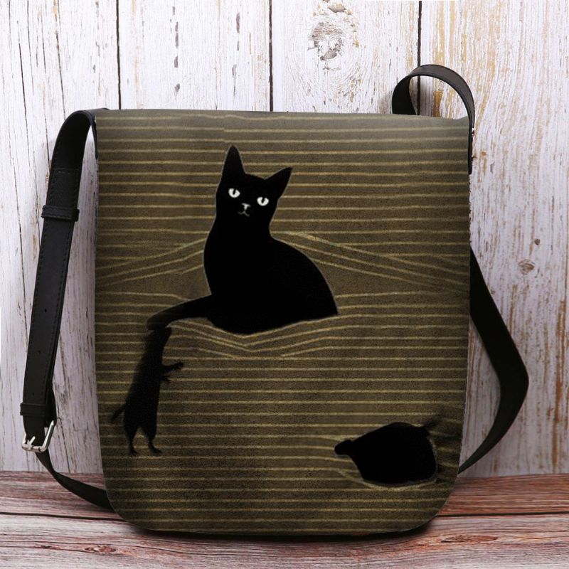 Vrouwen Voelde Leuke Casual Cartoon Zwarte Kat Gevangen Muis En Strepen Patroon Crossbody Tas Schoudertas