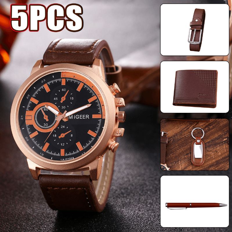 5pcs Mode Gift Set Business Grote Wijzerplaat Quartz Horloge + Pen + Riem + Sleutelhanger + Portemonnee!