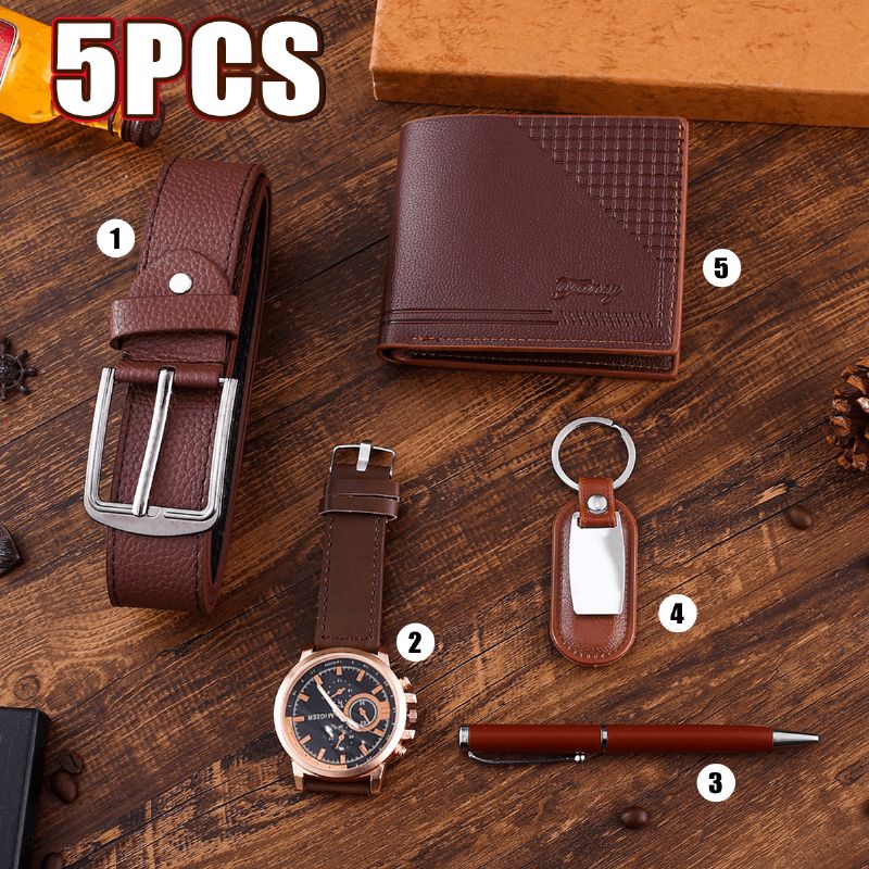 5pcs Mode Gift Set Business Grote Wijzerplaat Quartz Horloge + Pen + Riem + Sleutelhanger + Portemonnee!