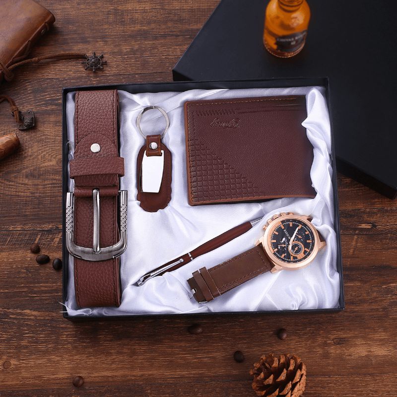 5pcs Mode Gift Set Business Grote Wijzerplaat Quartz Horloge + Pen + Riem + Sleutelhanger + Portemonnee!