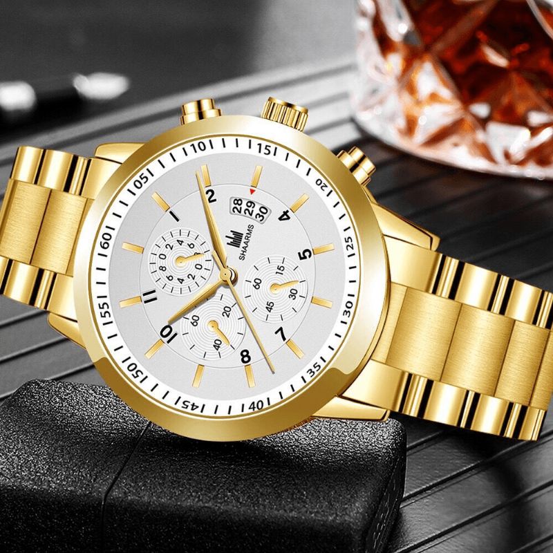 Band Zakelijke Kalender Roestvrij Staal Heren Casual Mode Quartz Horloge