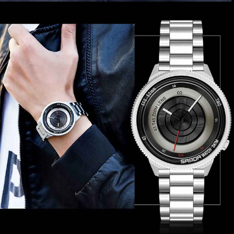 Casual Mode Heren Creatieve Camera Wijzerplaat Waterdicht Roestvrij Stalen Band Quartz Horloge