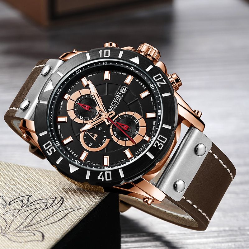 Chronograaf Lichtgevend Quartz Horloge Waterdicht Lederen Timing Herenhorloge