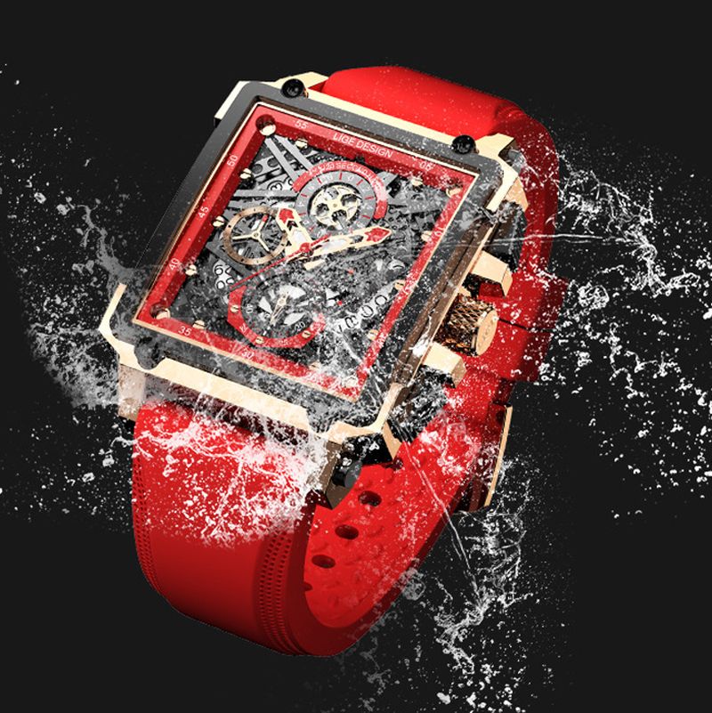 Creatieve Mechanische Uitgeholde Oppervlakte Chronograaf Kalender Siliconen Band 3atm Waterdichte Heren Quartz Horloge Polshorloge