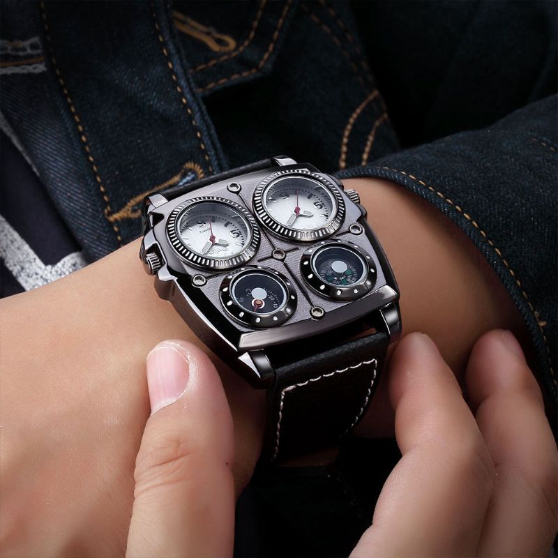 Dual Time Zones Big Dial Heren Polshorloge Restro Style Lederen Band Creatief Quartz Horloge