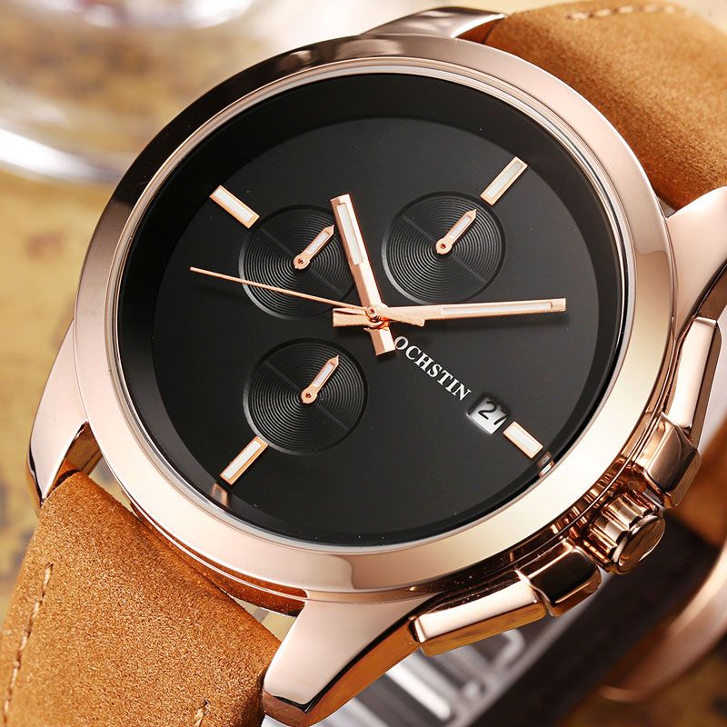 Echt Leer Casual Stijl Heren Polshorloge Kalender Quartz Horloge