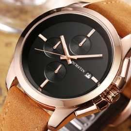 Echt Leer Casual Stijl Heren Polshorloge Kalender Quartz Horloge