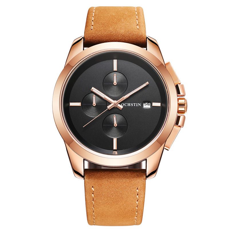 Echt Leer Casual Stijl Heren Polshorloge Kalender Quartz Horloge