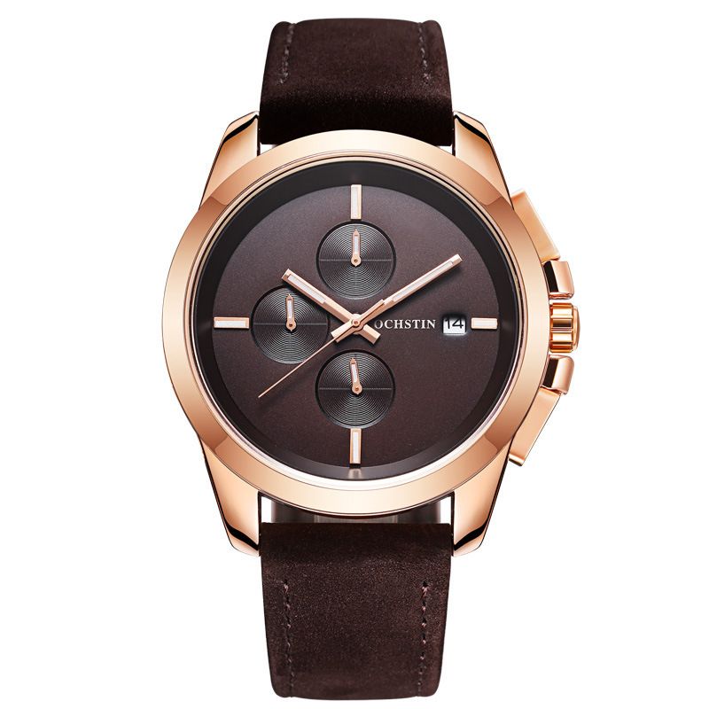 Echt Leer Casual Stijl Heren Polshorloge Kalender Quartz Horloge