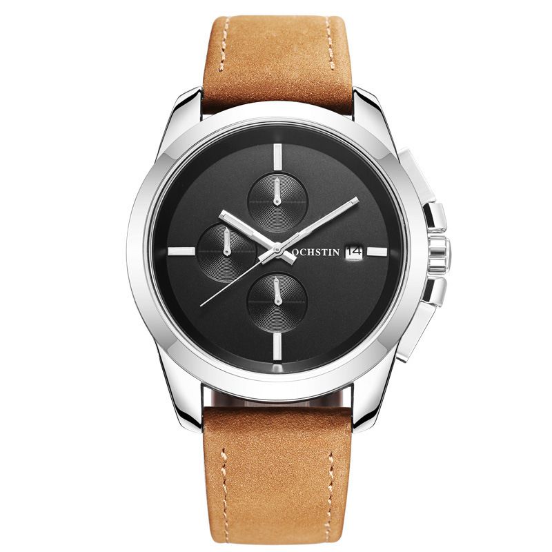 Echt Leer Casual Stijl Heren Polshorloge Kalender Quartz Horloge