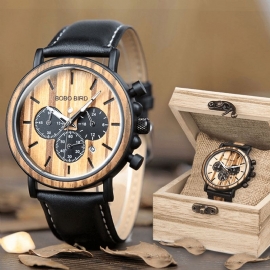 Heren Casual Houten Datumweergave Horloges Quartz Horloge Met Doos