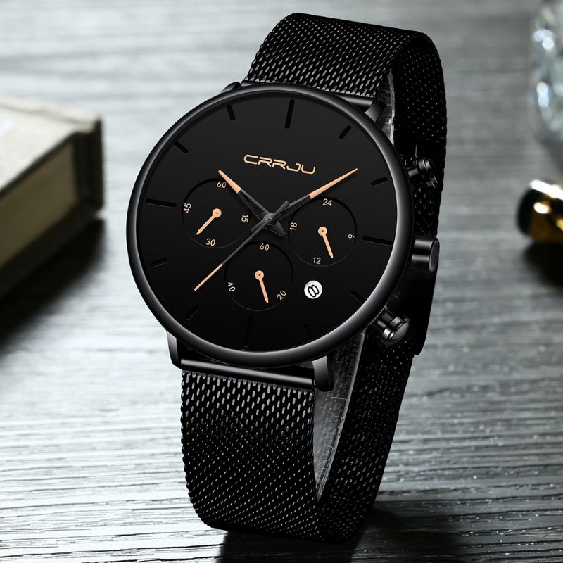 Heren Eenvoudig Atmosferisch Wijzerplaat Kleur Ontwerp Naald Full Mesh Stalen Band Quartz Horloge