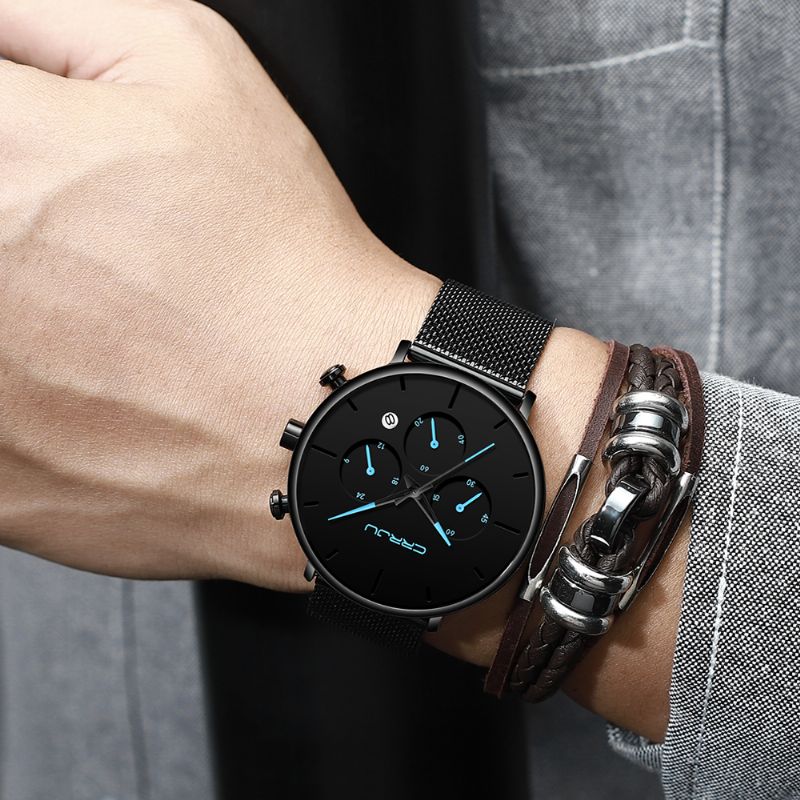 Heren Eenvoudig Atmosferisch Wijzerplaat Kleur Ontwerp Naald Full Mesh Stalen Band Quartz Horloge